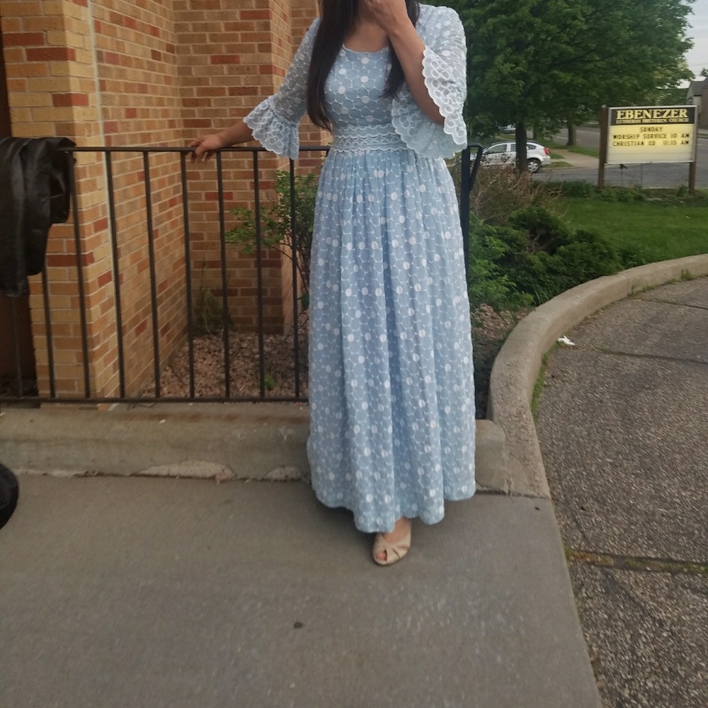 Vintage late 60s, Early 70s Baby Blue Embroidered Eyelet Circle Maxi Dress